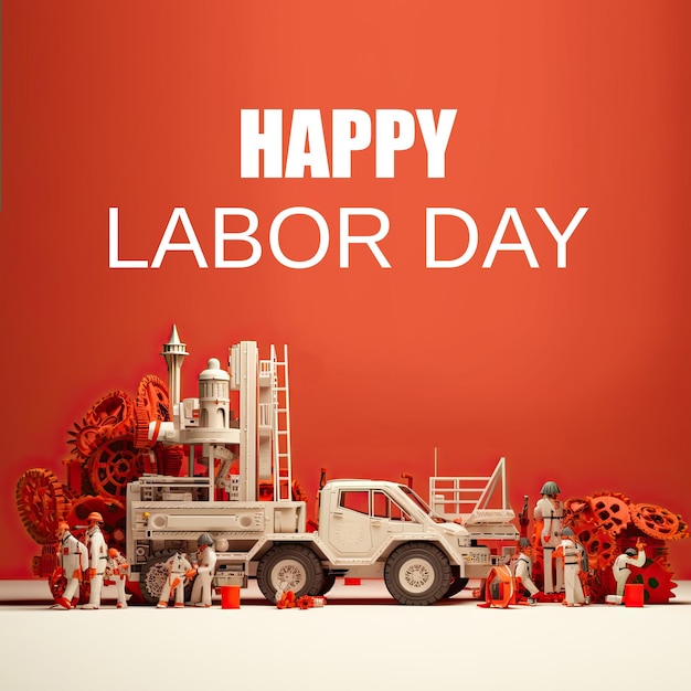 Happy Labor day illustration with 3d worker in red background