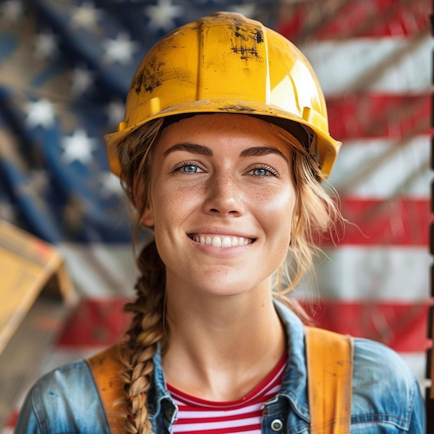 Foto happy labor day meisje werk arbeid dragen harde hoed amerikaanse vlag achtergrond