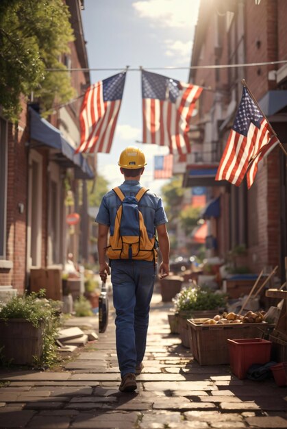 Happy labor day people standing with american flag