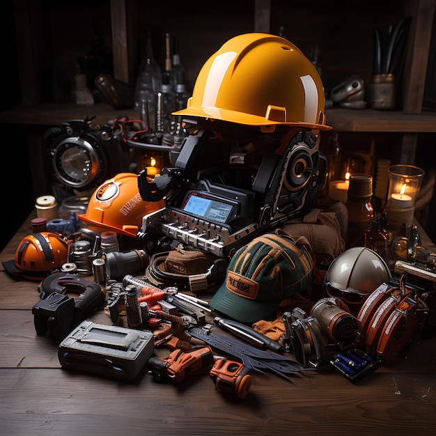 Happy Labor day Project helmet and hand tools on table AI generated