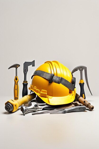 Photo happy labor day text with yellow helmet and tools in a white background