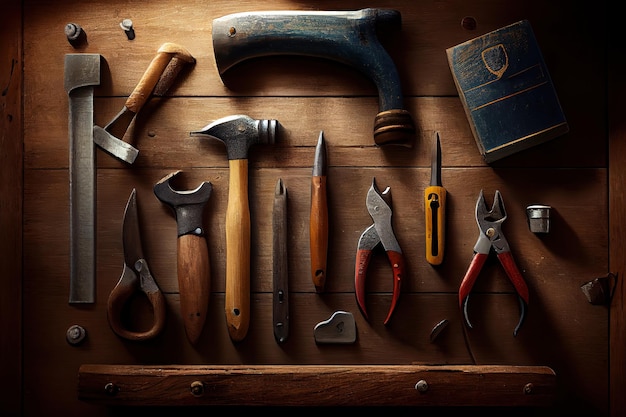 Happy labor day Tools group different job on rustic wooden table Generative Ai