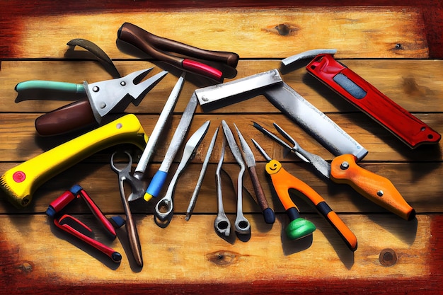 Happy labor day Tools group different job on rustic wooden table Generative Ai