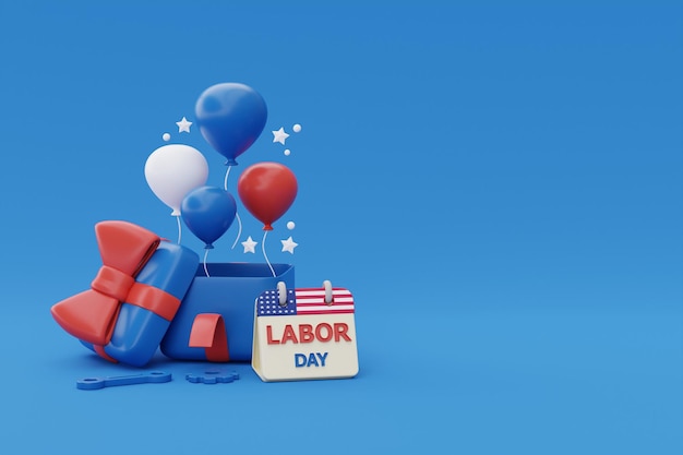 Подарочные коробки концепции Happy Labor Day USA со строительными инструментами и воздушным шаром 3d-рендеринга
