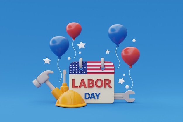 Happy Labor Day usa concept met kalender bouwhulpmiddelen en ballon 3D-rendering