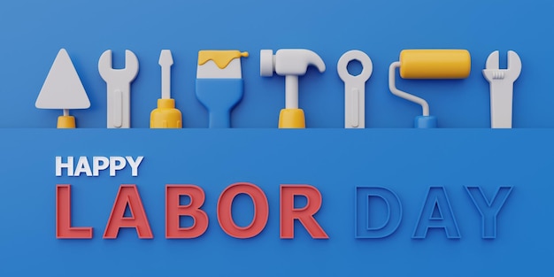 Photo happy labor day usa concept with construction tools and equipment on blue background 3d rendering