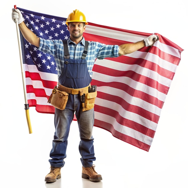 Foto happy labor day un lavoratore che tiene una bandiera americana su uno sfondo bianco