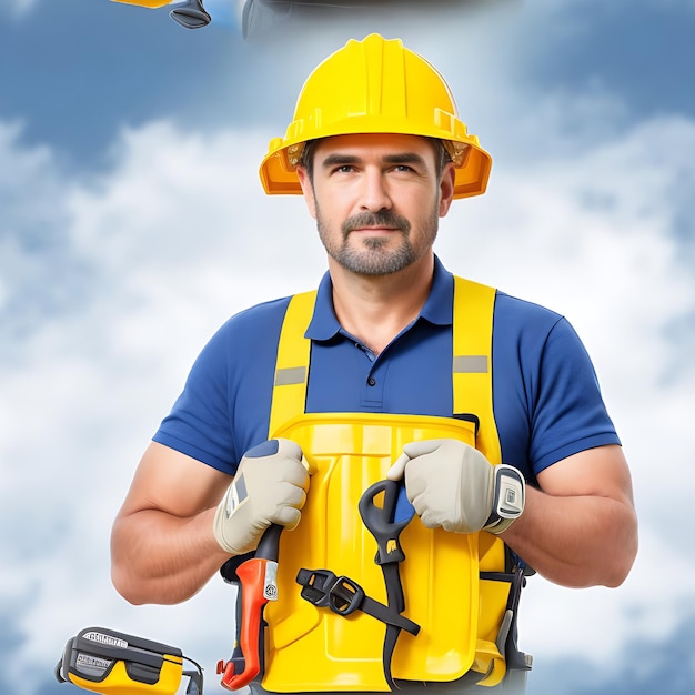 Happy labor day yellow hard hat professional man with tools generative ai