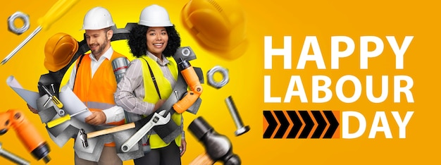 Photo happy labour day banner composition with tools