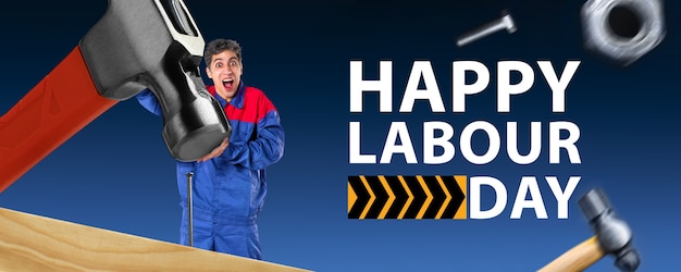 Photo happy labour day banner composition with tools