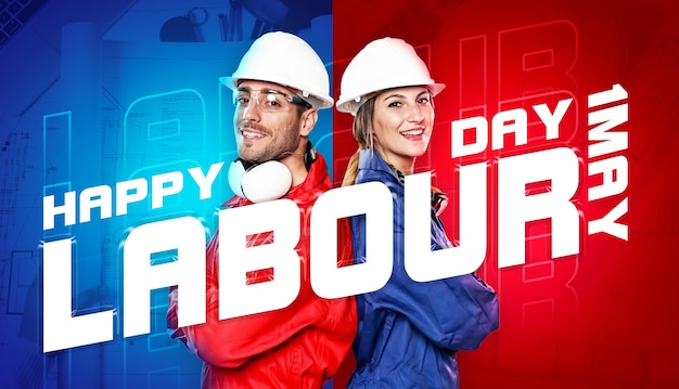 Photo happy labour day banner composition with tools