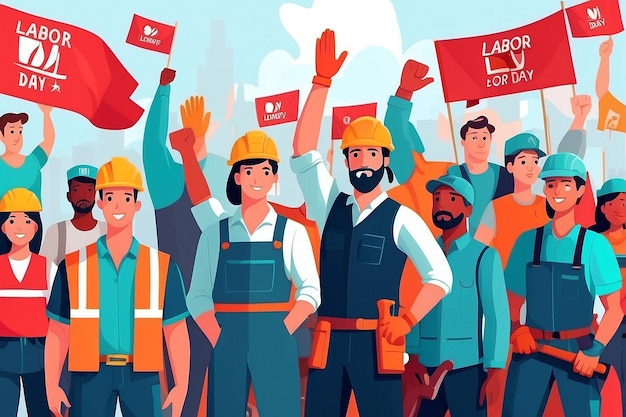 Фото Счастливый день труда или международный день рабочих векторная иллюстрация с рабочими