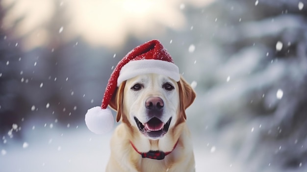 雪の中で屋外でポーズをとるサンタ帽子をかぶった幸せなラブラドール犬