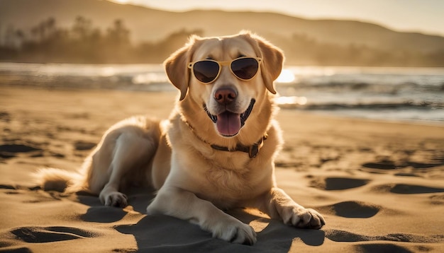 A happy Labrador with sunglasses under the sunkissed California beach