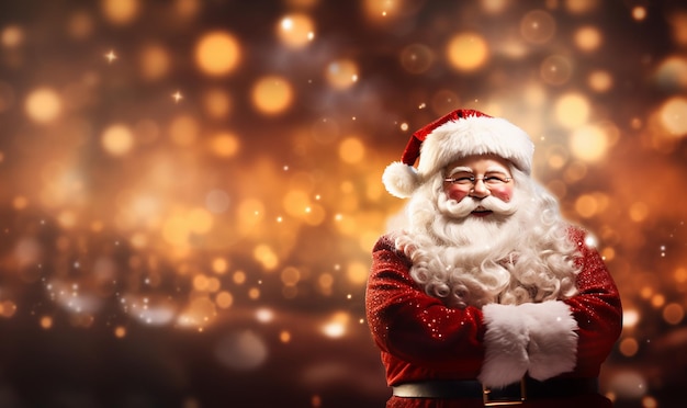 Happy lachende kerstman met kleurrijke kerst sprankelende bokeh achtergrond Feestelijk en glanzend