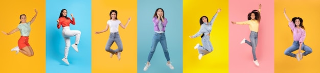 Happy ladies collage with diverse joyful women jumping against colorful backgrounds