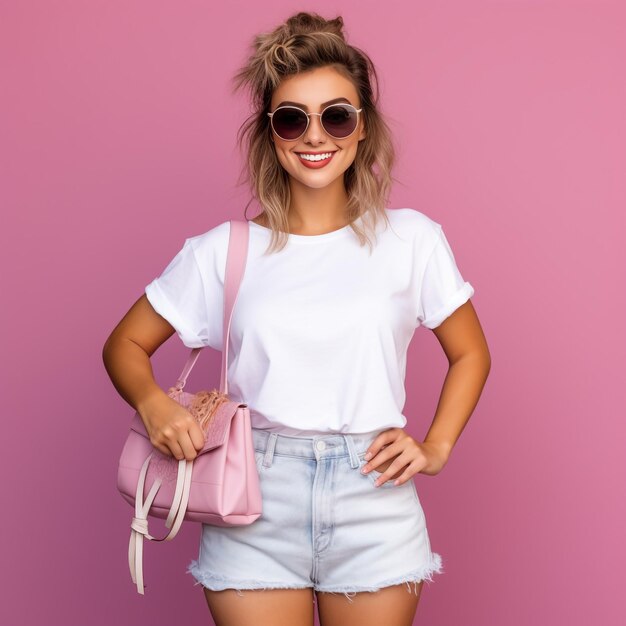 Photo happy lady in sunglasses standing with colorful shopping bags in hands on over pink background