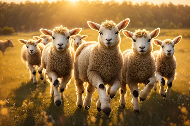 Happy lambs running in the meadow sunset ai generative