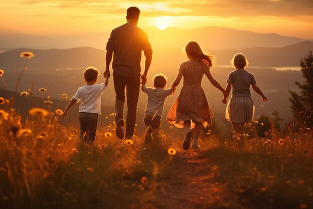 Happy large family mother father children son and daughters running on nature on sunset