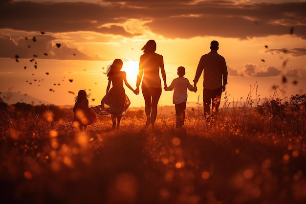 Foto famiglia felice e numerosa madre padre figli figlio e figlie che corrono nella natura al tramonto