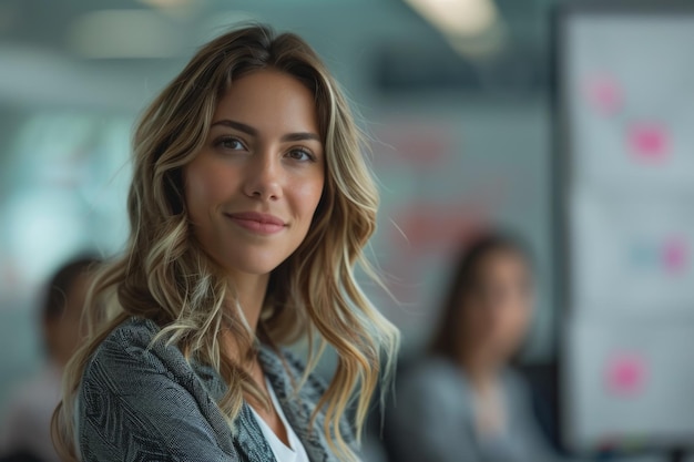 Happy Latin project manager woman holding brainstorming with colleagues in the office boardroom