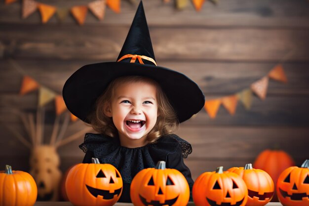 Счастливая смеющаяся девочка в костюме ведьмы на Хэллоуин на деревянном фоне