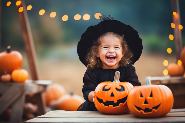 Happy laughing child girl in witch costume to Halloween