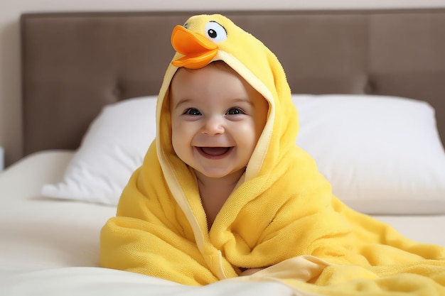 Счастливый смеющийся ребенок в желтом утином полотенце с капюшоном.