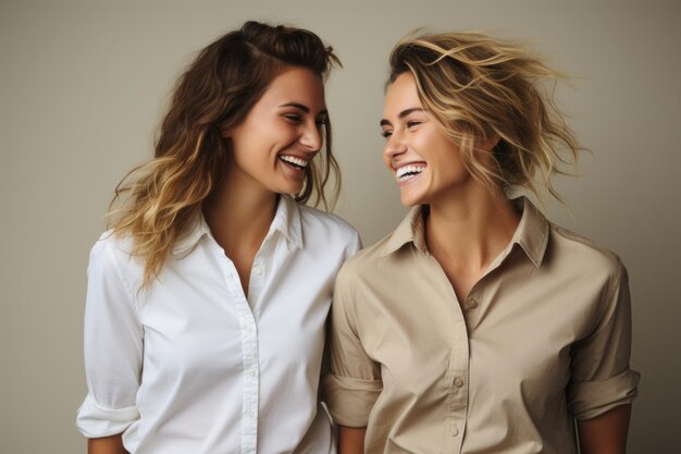 사진 베이지색 배경에 캐주얼 셔츠를 입은 레즈비언 여성들의 행복한 웃는 커플