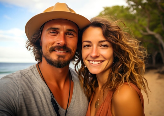 happy laughing couple taking selfie on the beach enjoying summer vacation together