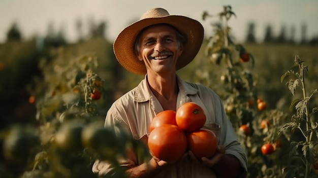 Photo a happy laughing farmer stands in a field of corn