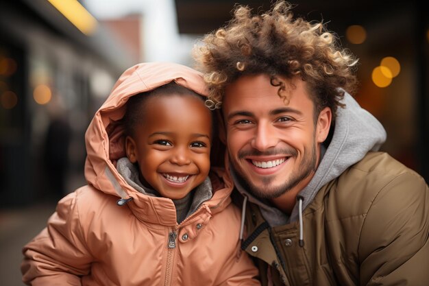 Happy laughing father and son having a good time together outdoor