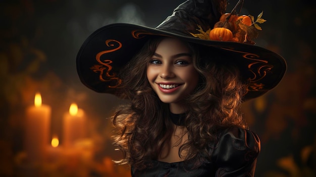 Happy laughing girl in witch costume for halloween