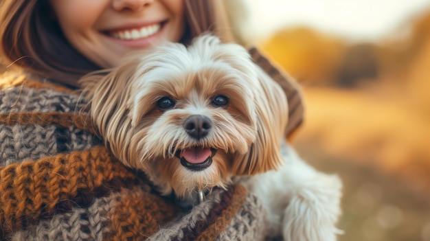 笑う幸せな女性が外で小さな犬を抱きしめています 楽しい犬が腕に座っています 水平の写真 暖かい光