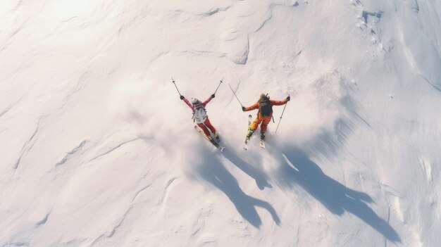 幸せに笑う若い恋人 雪の山でスキーをしている 休暇中にスキーリゾートで