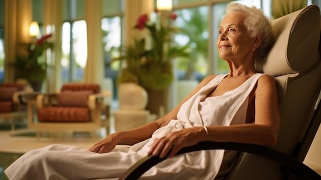 Фото Счастливая ленивая пожилая женщина отдыхает в отеле