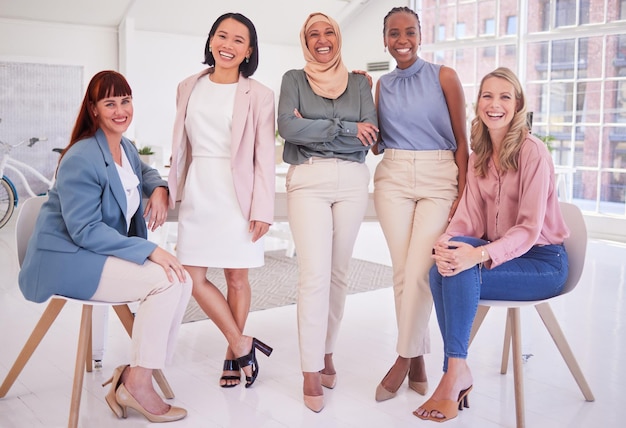 Photo happy leadership or diversity portrait of women in motivation empowerment or teamwork collaboration in office business people corporate or team building in company group success or mission goal