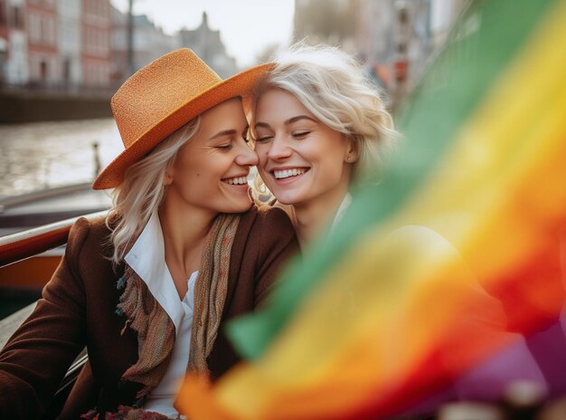 Photo happy lesbian couple in a boat in amsterdam with rainbow flag patterns