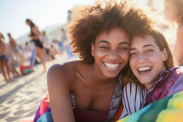 Happy Lesbian Couple Celebrating on the Beach the LGBTQ Pride Parade in Tel Aviv