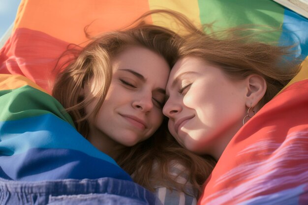 Happy Lesbian Couple Celebrating on the Beach the LGBTQ Pride Parade in Tel Aviv