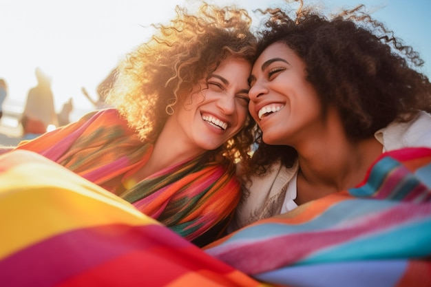 Счастливая пара лесбиянок празднует на пляже парад гордости ЛГБТК в Тель-Авиве