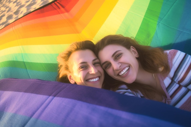 Happy lesbian couple celebrating on the beach at lgbtq pride parade in tel aviv