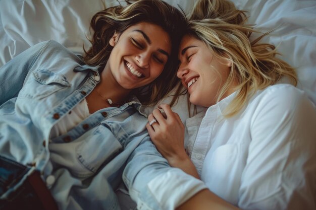 Happy lesbian couple celebrating engagement in bed Soft focus on partners face