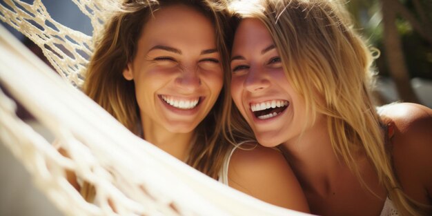 Happy lesbian couple in a hammock Girls relax in nature laugh with happiness Generative AI