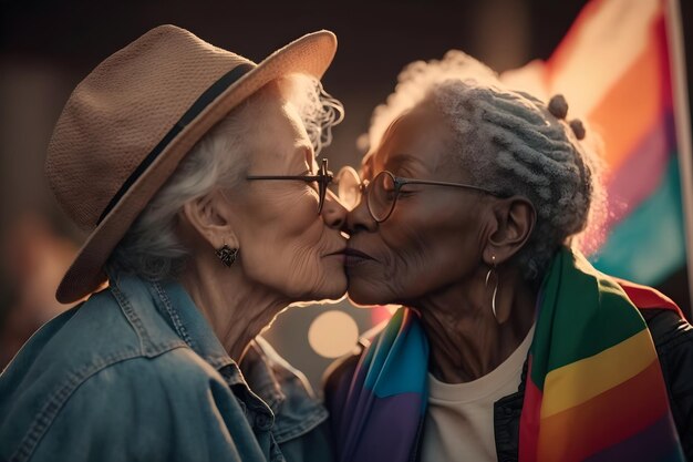 幸せなレズビアンのカップルがキスをし、プライド イベントで虹の旗を保持するジェネレーティブ AI
