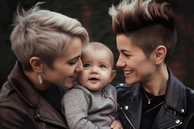 Happy lesbian couple with baby LGBTQ family and relationship Diversity homosexuality Partners with nontraditional sexual orientation Sensual moment Same sex couple having child Generative AI