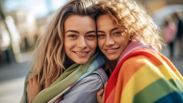 Happy LGBT couple hugging and holding a flagCreated with Generative AI technology