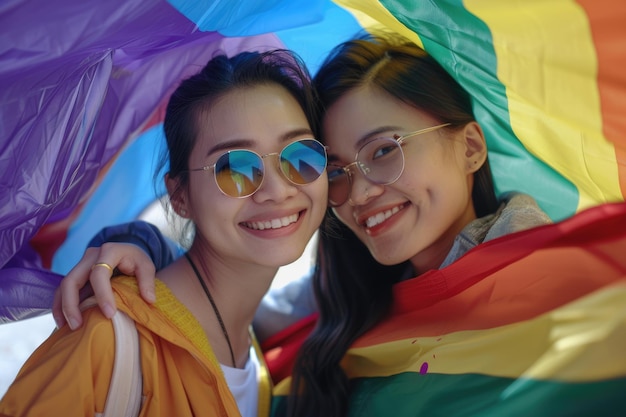 사진 행복한 lgbtq 아시아 레즈비언 커플이 함께 자부심 달을 축하합니다.