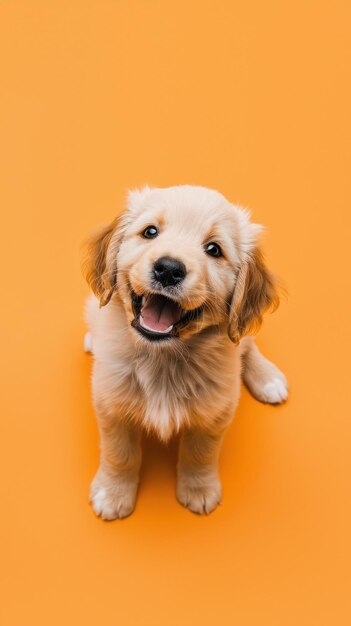 Happy light peach puppy smiling cutely on an isolated peach background Soft and bright shades