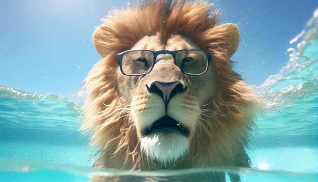 Happy Lion having fun at summer holidays in a swimming pool